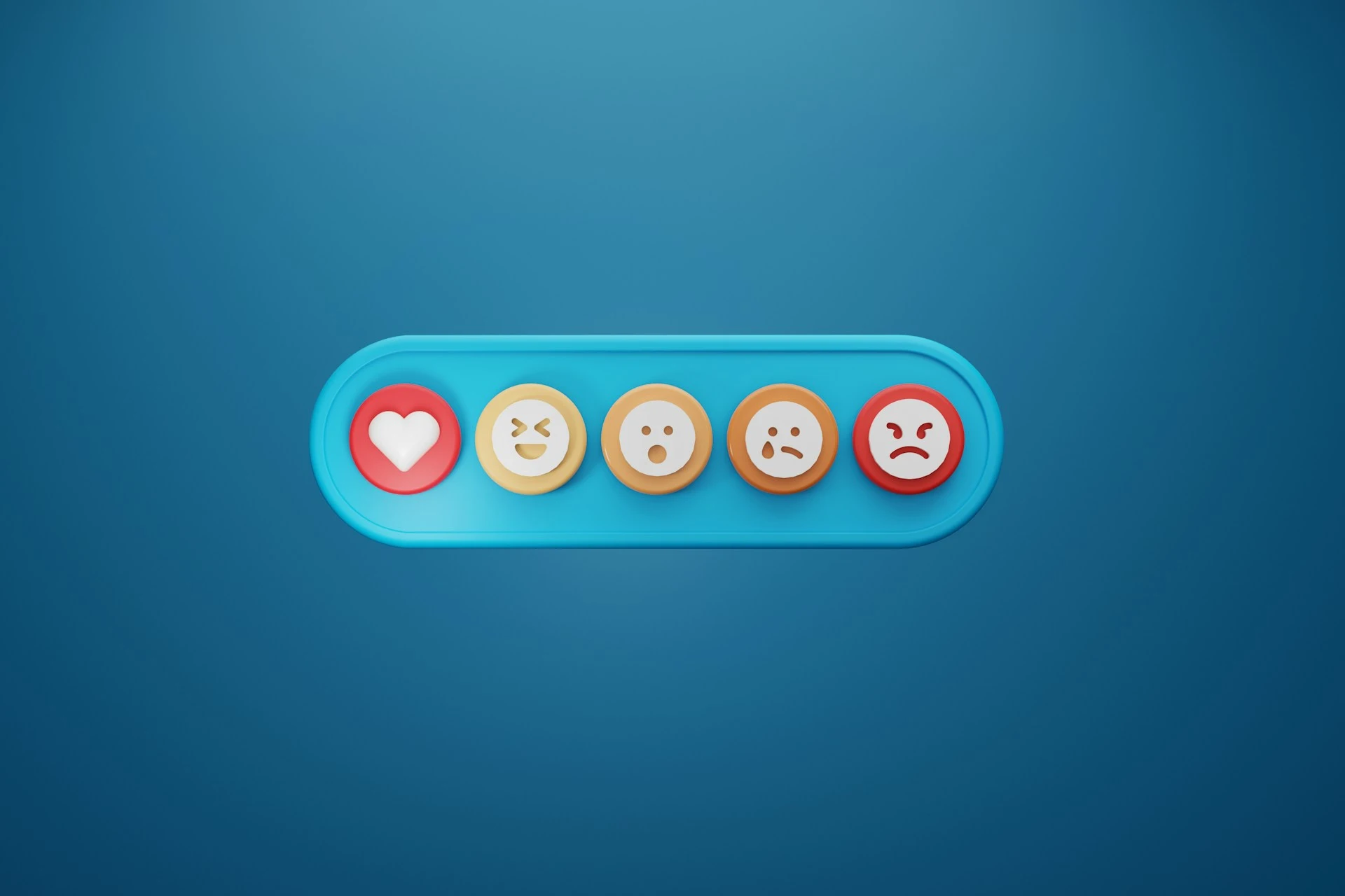 A blue button featuring four distinct faces.