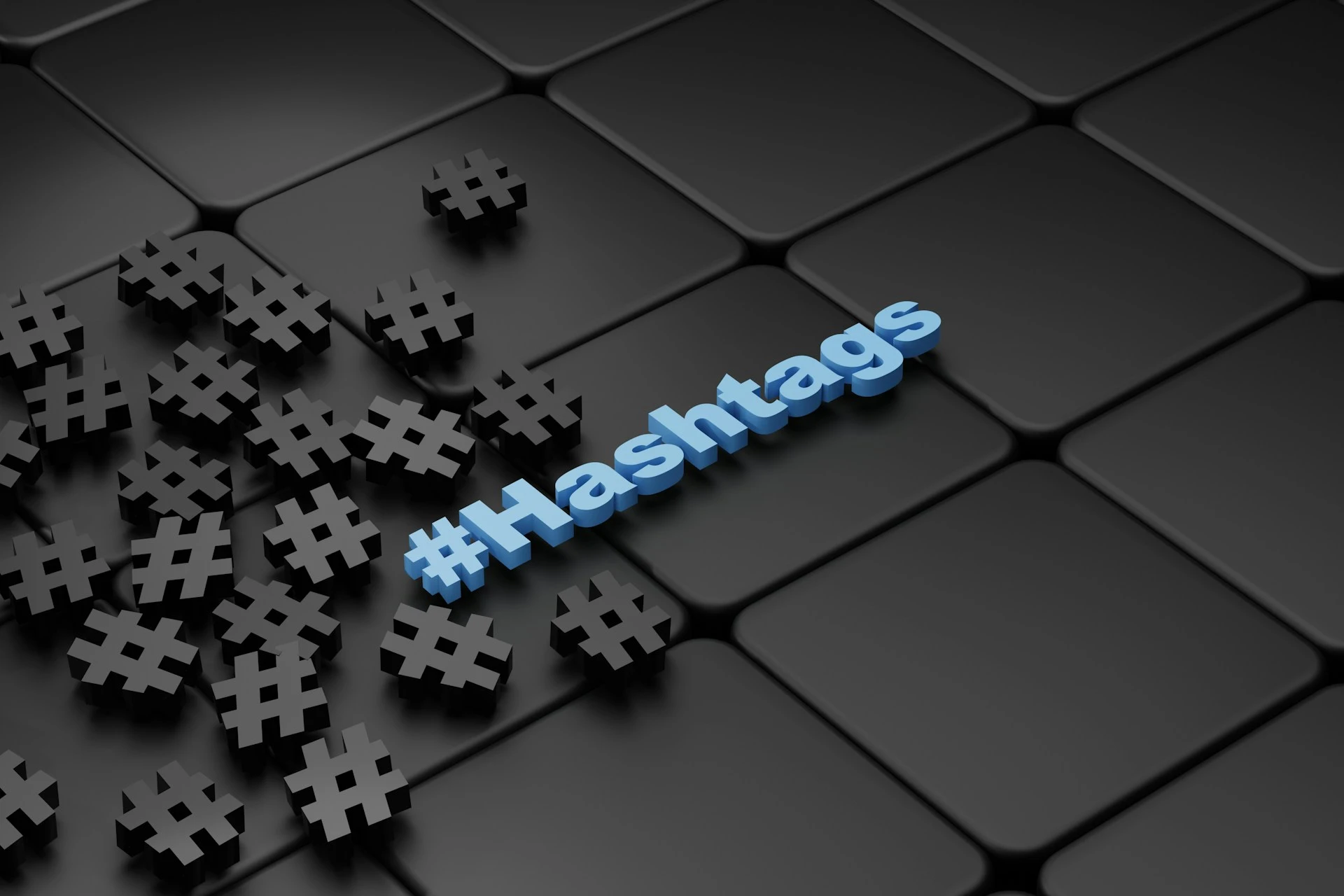 Blue letters spelling 'hashtag' on black background.