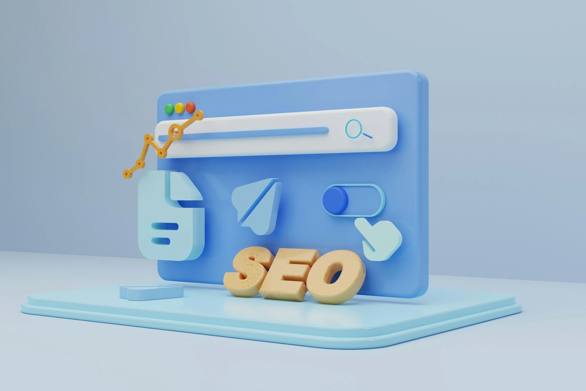 3D website page with 'SEO' spelled out.