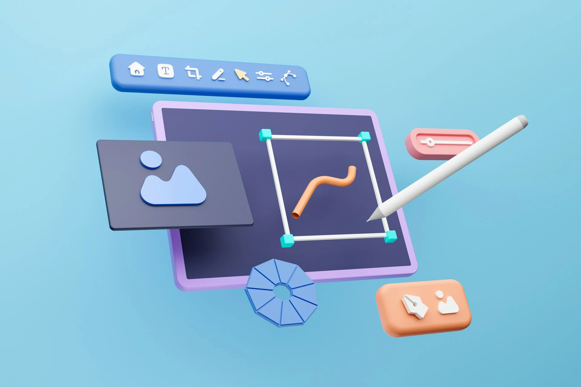 A computer screen with icons and a pencil.