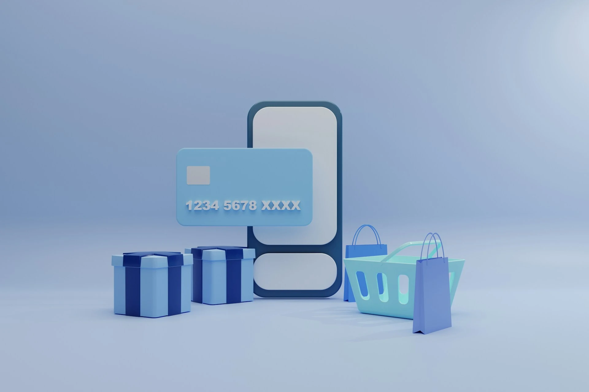 A blue credit card beside blue gift boxes.