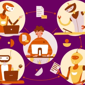a person using multiple robots to help him evaluate the differences between a marketing strategy vs marketing plan