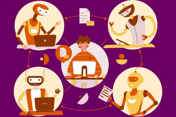 a person using multiple robots to help him evaluate the differences between a marketing strategy vs marketing plan